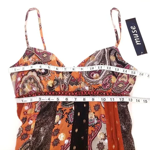 NWT Muse Empire Waist Silk Crepe Lace Multicolor Multi Pattern Knee Leng… - Picture 10 of 10